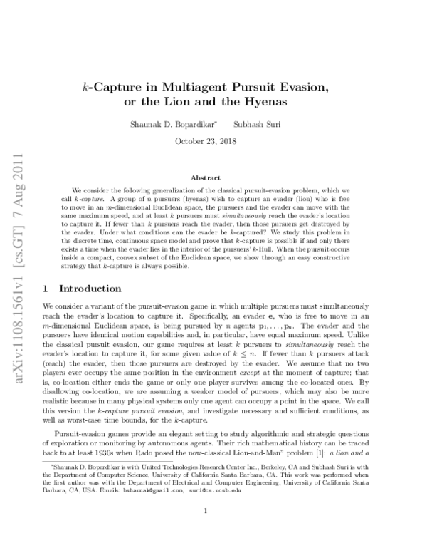 (PDF) k-Capture in multiagent pursuit evasion, or the lion and the hyenas