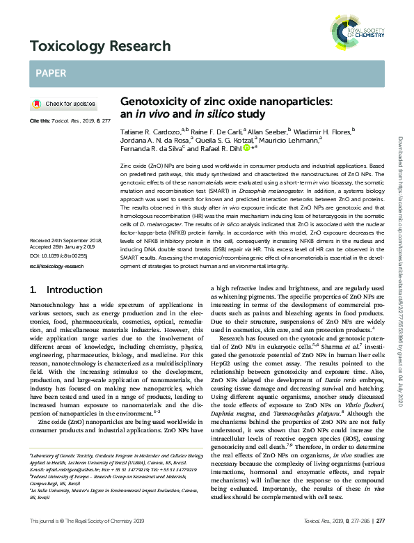 (PDF) Genotoxicity of zinc oxide nanoparticles: an in vivo and in ...
