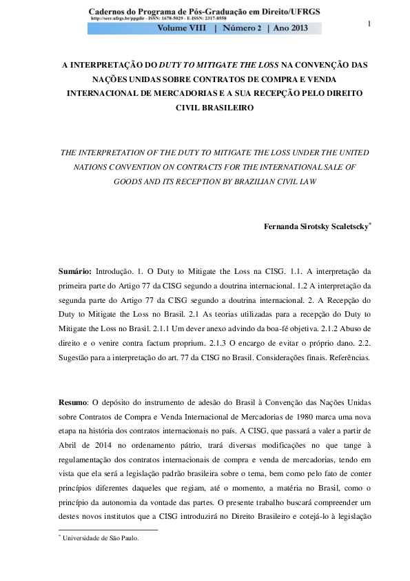 (PDF) A Interpretação do Duty to Mitigate the Loss na Convenção das Nações Unidas sobre (PDF) A Interpretação do Duty to Mitigate the Loss na Convenção das Nações Unidas sobre