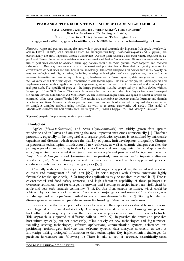 (PDF) Pear and apple recognition using deep learning and mobile