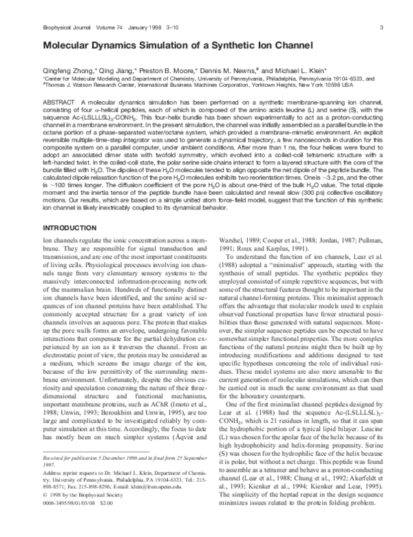 (PDF) Molecular Dynamics Simulation of a Synthetic Ion Channel