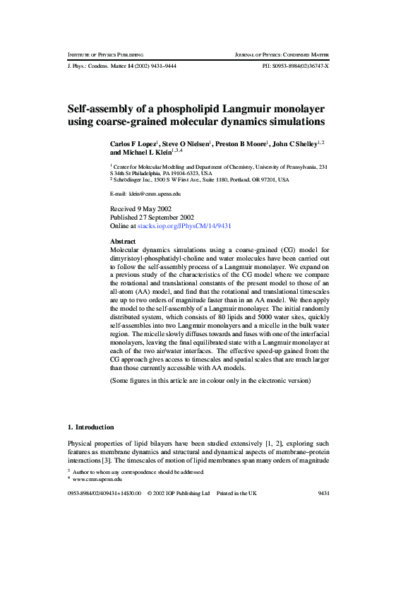 (PDF) Self-assembly of a phospholipid Langmuir monolayer using coarse ...