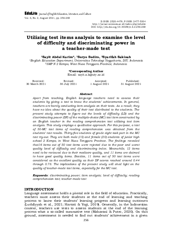 (PDF) Utilizing test items analysis to examine the level of difficulty ...