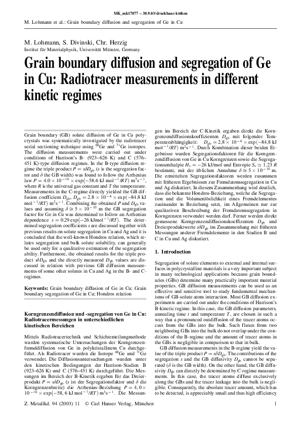 (PDF) Grain boundary diffusion and segregation of Ge in Cu: Radiotracer ...