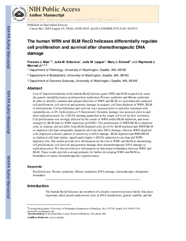 (PDF) The Human WRN and BLM RecQ Helicases Differentially Regulate Cell ...