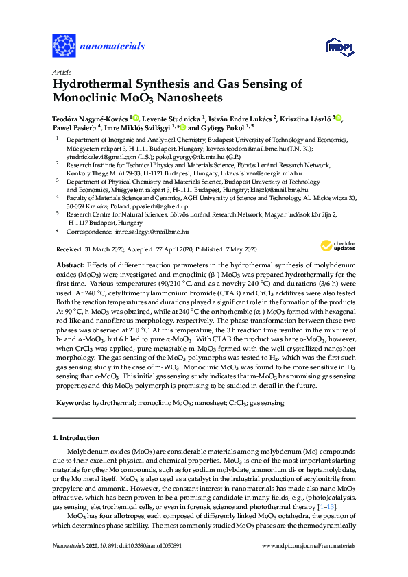 (PDF) Hydrothermal Synthesis and Gas Sensing of Monoclinic MoO3 Nanosheets