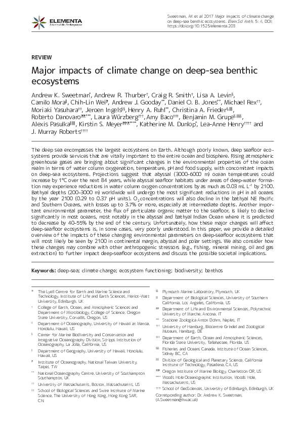 (PDF) Major impacts of climate change on deep-sea benthic ecosystems