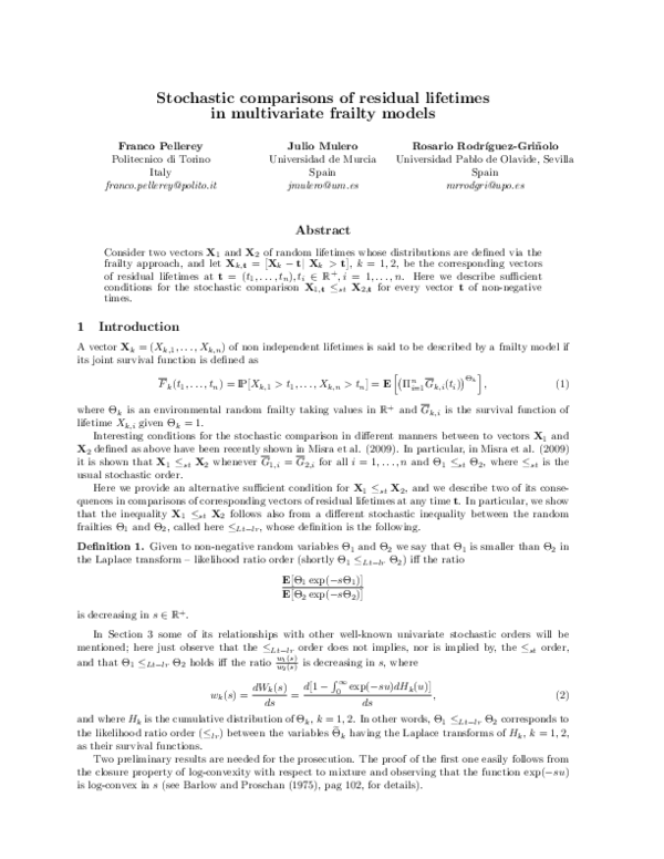 (PDF) Stochastic comparisons of residual lifetimes and inactivity times