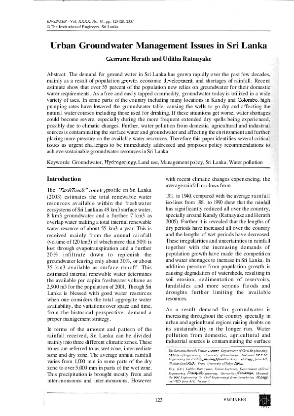 (PDF) Urban Groundwater Management Issues in Sri Lanka
