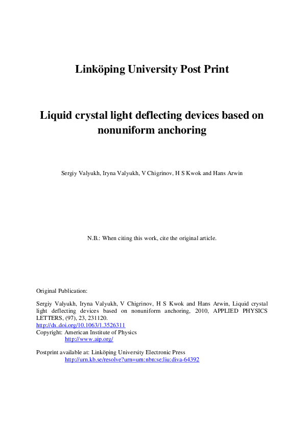 (PDF) Liquid crystal light deflecting devices based on nonuniform anchoring