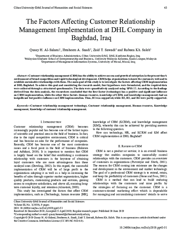 (PDF) The Factors Affecting CRM Implementation at DHL Company in ...