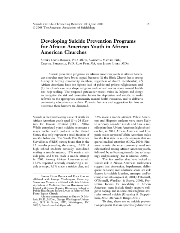 Pdf Developing Suicide Prevention Programs For African American Youth