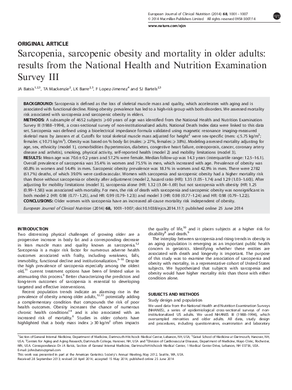 (PDF) Sarcopenia, sarcopenic obesity and mortality in older adults ...