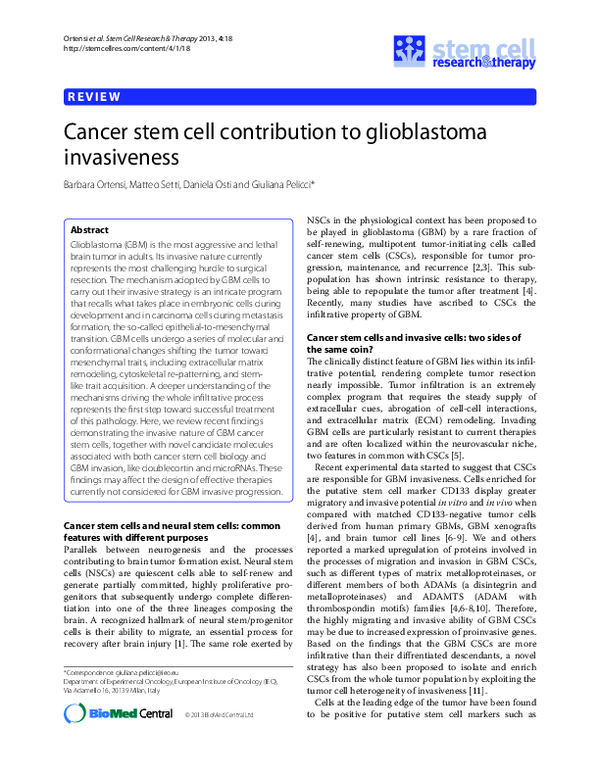 (PDF) Cancer stem cell contribution to glioblastoma invasiveness