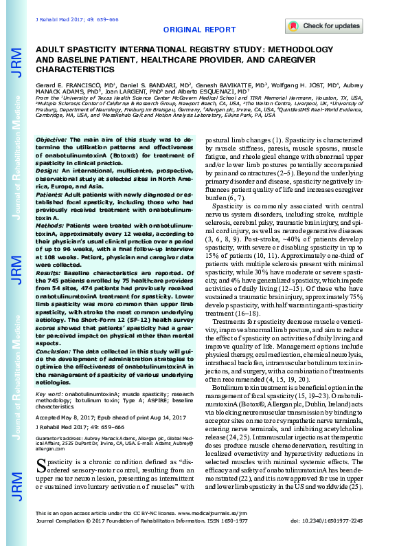 (PDF) Adult Spasticity International Registry Study: methodology and ...