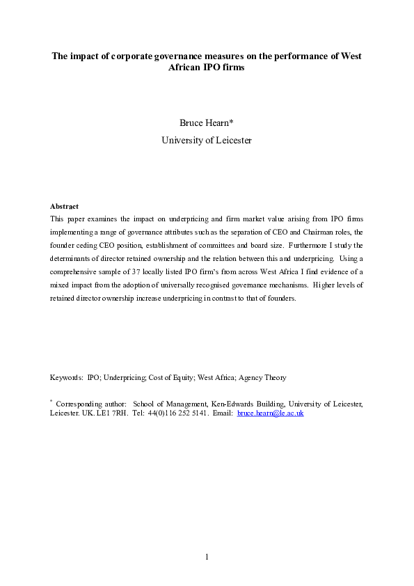 (PDF) The impact of corporate governance measures on the performance of ...