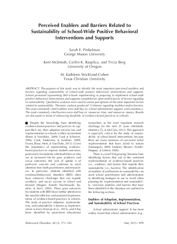 (PDF) Perceived Enablers and Barriers Related to Sustainability of ...