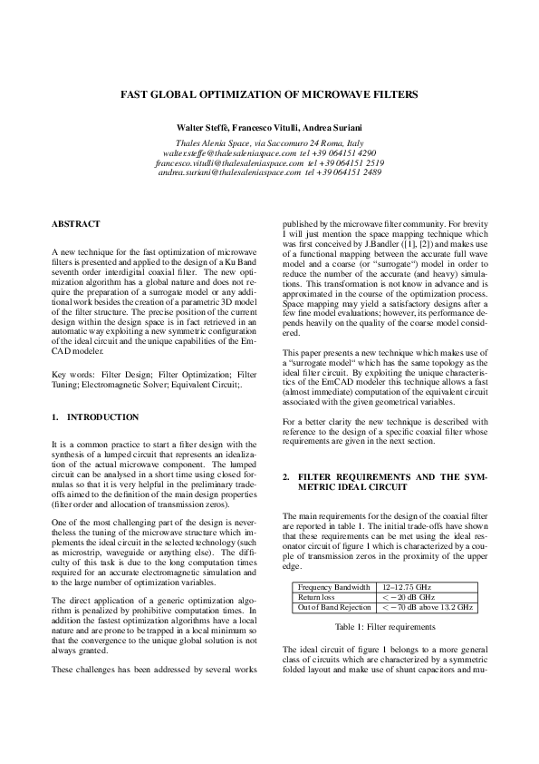 (PDF) Fast Global Optimization of Microwave Filters