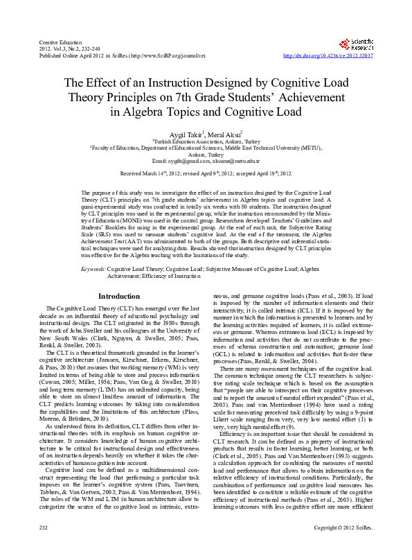 (PDF) The Effect of an Instruction Designed by Cognitive Load Theory ...