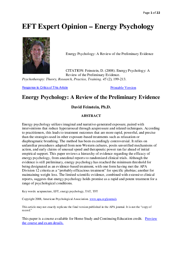 (PDF) Energy psychology A review of the preliminary evidence David Feinstein Academia.edu