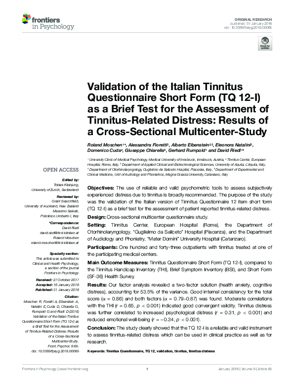 (PDF) Validation of the Italian Tinnitus Questionnaire Short Form (TQ