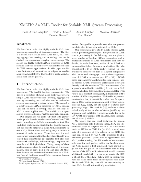 (PDF) XMLTK: An XML Toolkit for Scalable XML Stream Processing | Dan ...