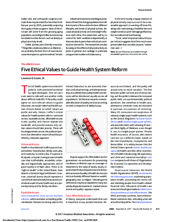 (PDF) Five Ethical Values to Guide Health System Reform