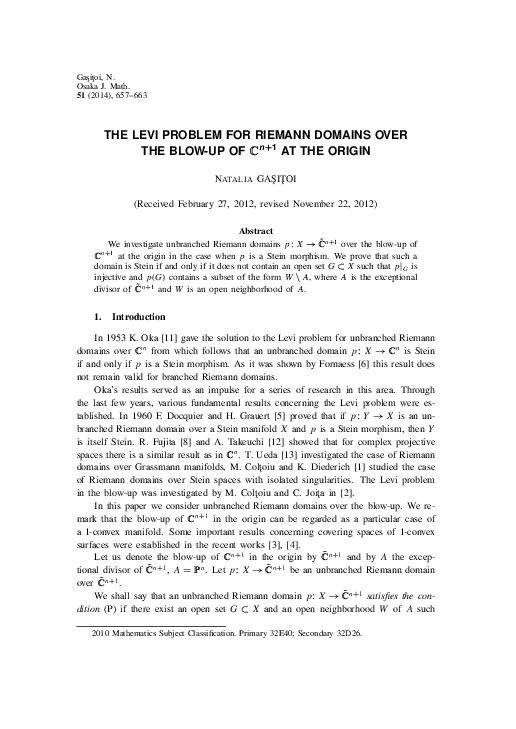 (PDF) The Levi Problem for Riemann Domains Over the Blow-Up of C^ at ...