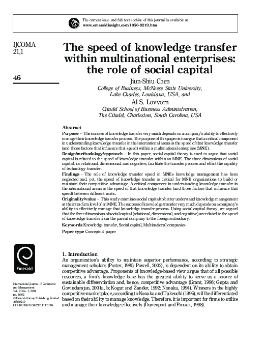 (PDF) The speed of knowledge transfer within multinational enterprises ...