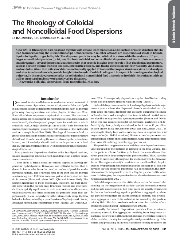 (PDF) The Rheology of Colloidal and Noncolloidal Food Dispersions