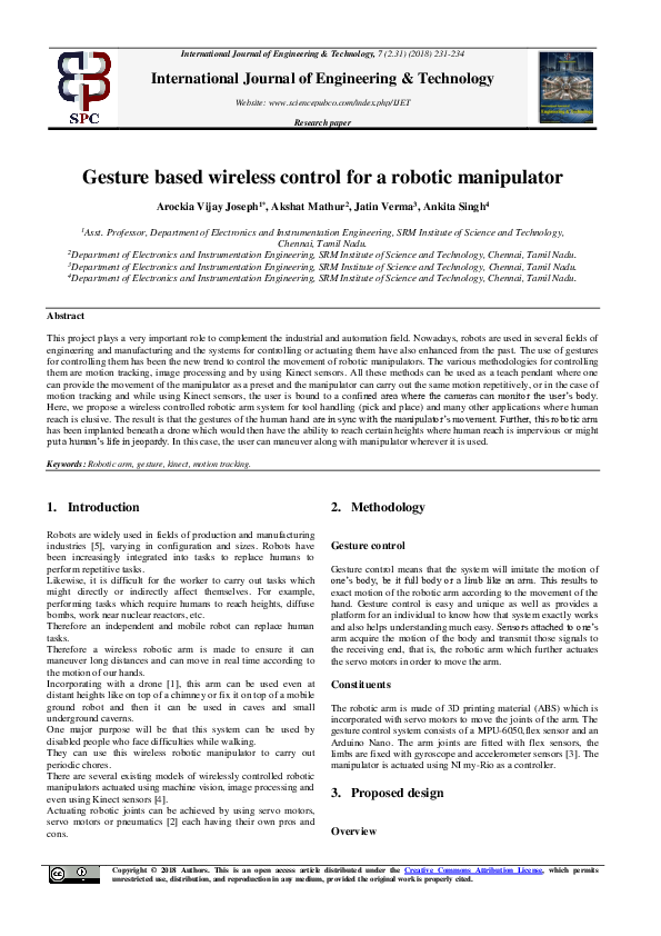 (PDF) Gesture based wireless control for a robotic manipulator