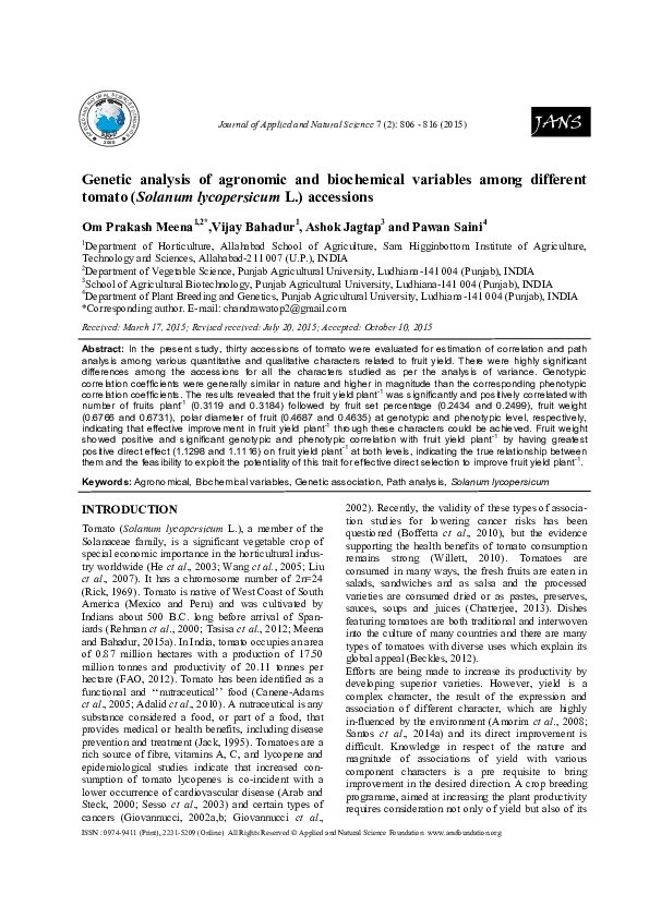(PDF) Genetic analysis of agronomic and biochemical variables among ...