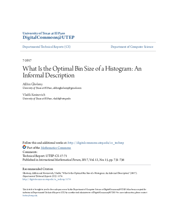 (PDF) What is the optimal bin size of a histogram An informal