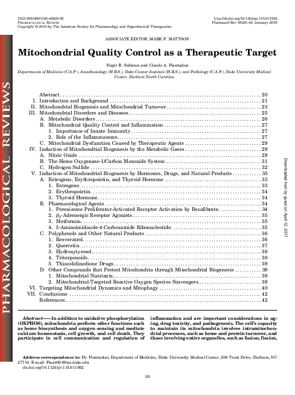 (PDF) Mitochondrial Quality Control as a Therapeutic Target