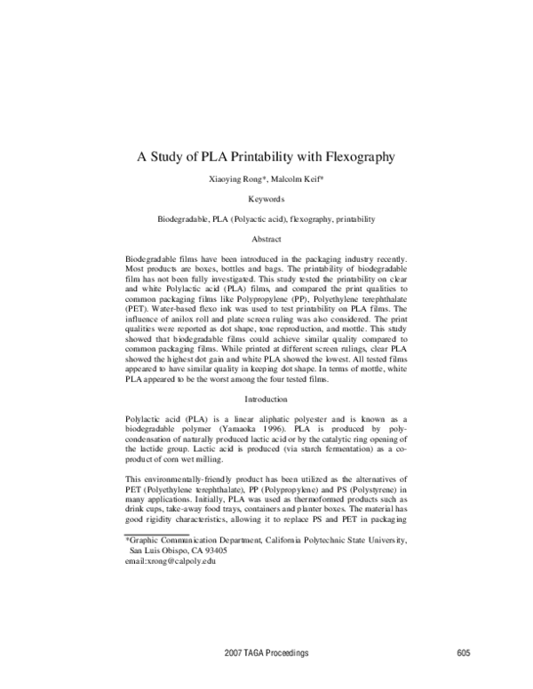 (PDF) A Study of PLA Printability with Flexography