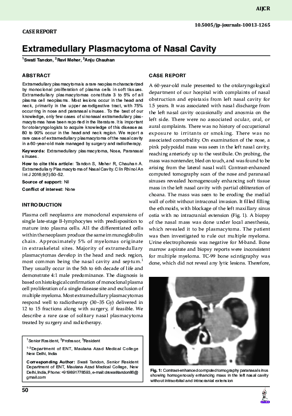 (PDF) Extramedullary Plasmacytoma of Nasal Cavity