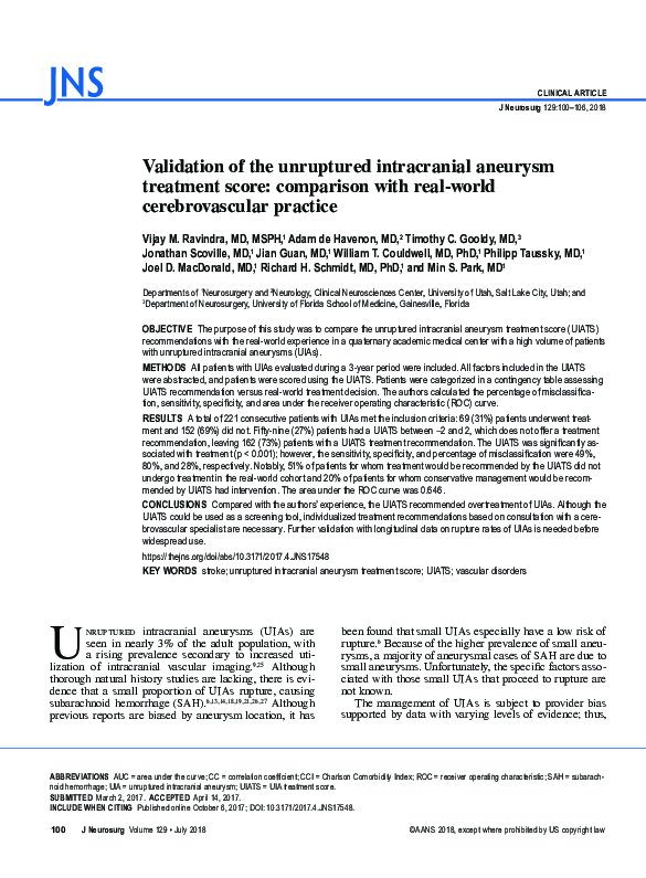 (PDF) Validation of the unruptured intracranial aneurysm treatment ...