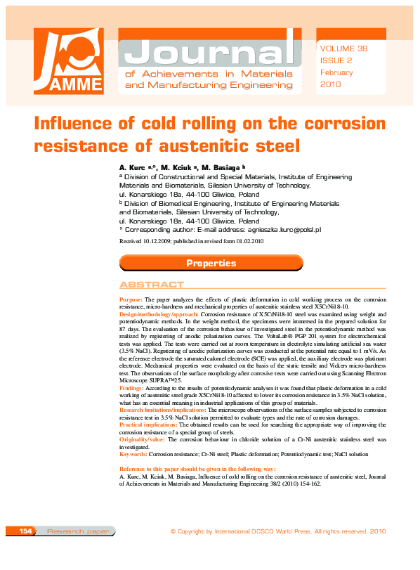 (PDF) Influence of cold rolling on the corrosion resistance of ...