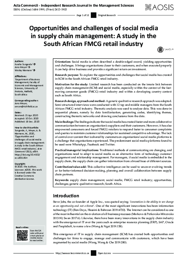 (PDF) Opportunities and challenges of social media in supply chain ...