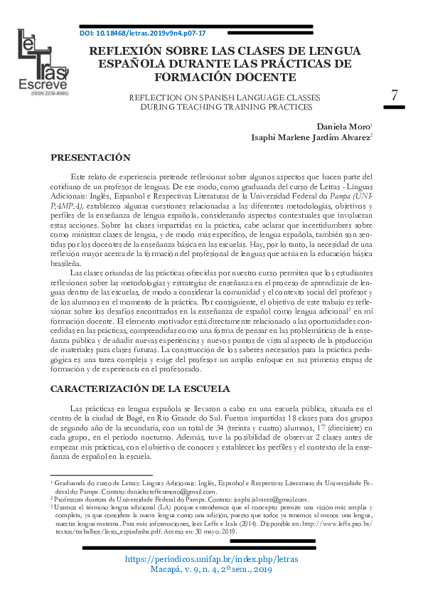 (PDF) Reflexión sobre las clases de lengua española durante las (PDF) Reflexión sobre las clases de lengua española durante las