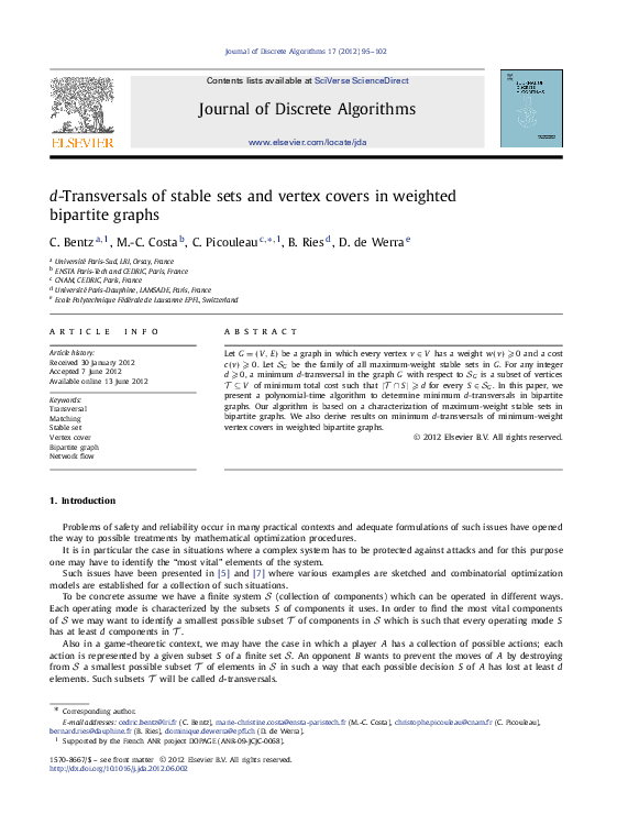 (PDF) d-Transversals of stable sets and vertex covers in weighted ...