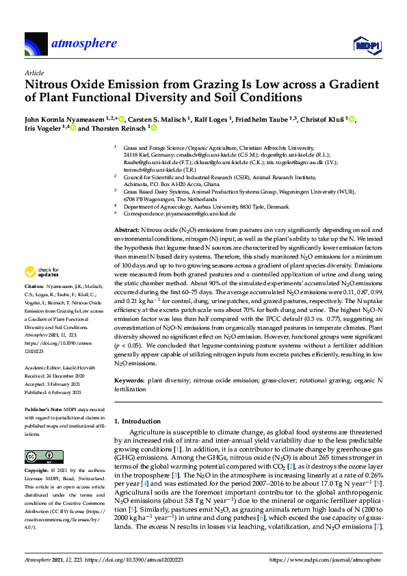 (PDF) Nitrous Oxide Emission from Grazing Is Low across a Gradient of ...
