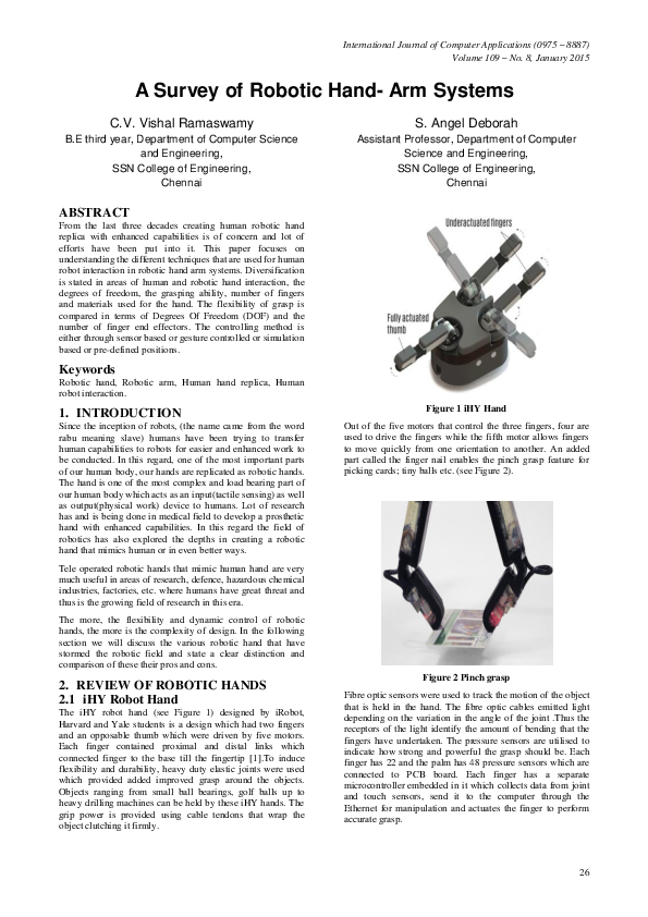 (PDF) A Survey of Robotic Hand- Arm Systems