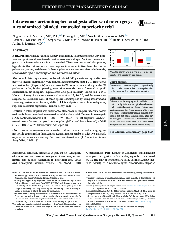 (PDF) Intravenous acetaminophen analgesia after cardiac surgery A randomized, blinded