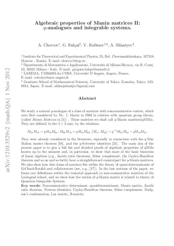 (PDF) Algebraic properties of Manin matrices II: q-analogues and ...