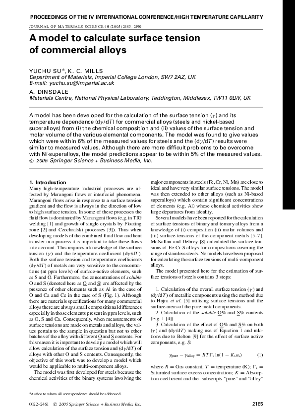 (PDF) A model to calculate surface tension of commercial alloys