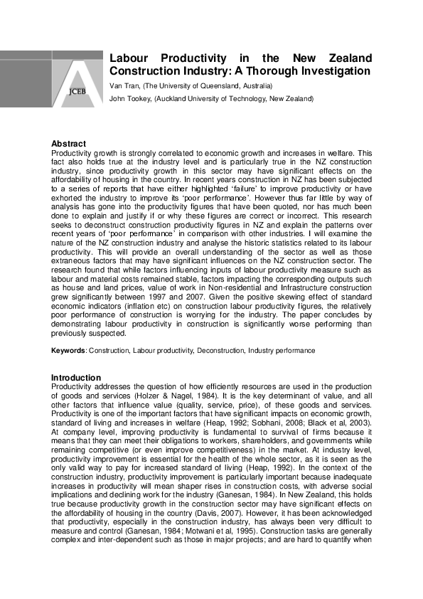 (PDF) Labour Productivity in the New Zealand Construction Industry: A ...