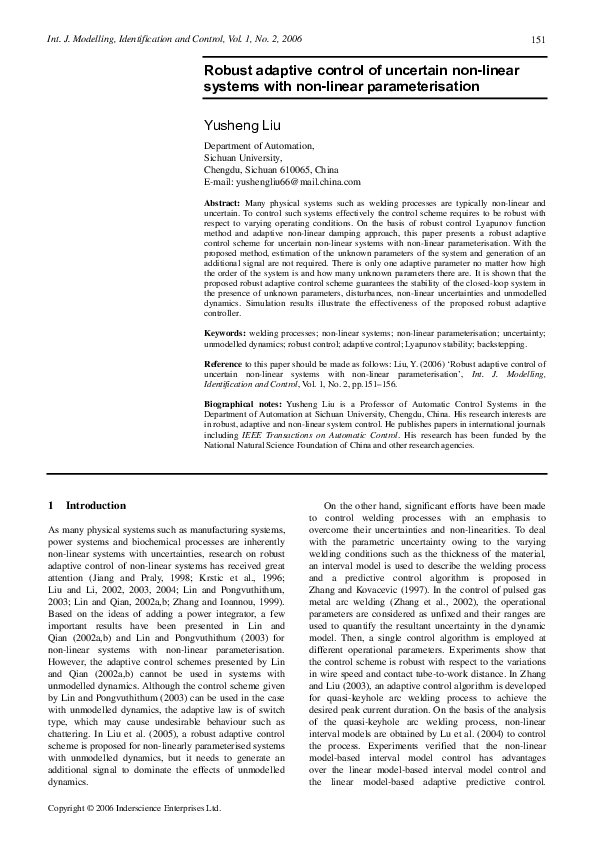 (PDF) Robust Adaptive Control of Uncertain Nonlinear Systems in the ...