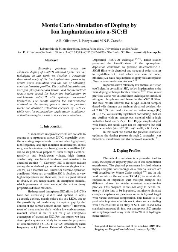 (PDF) Monte Carlo Simulation of Doping by Ion Implantation into a-SiC: H