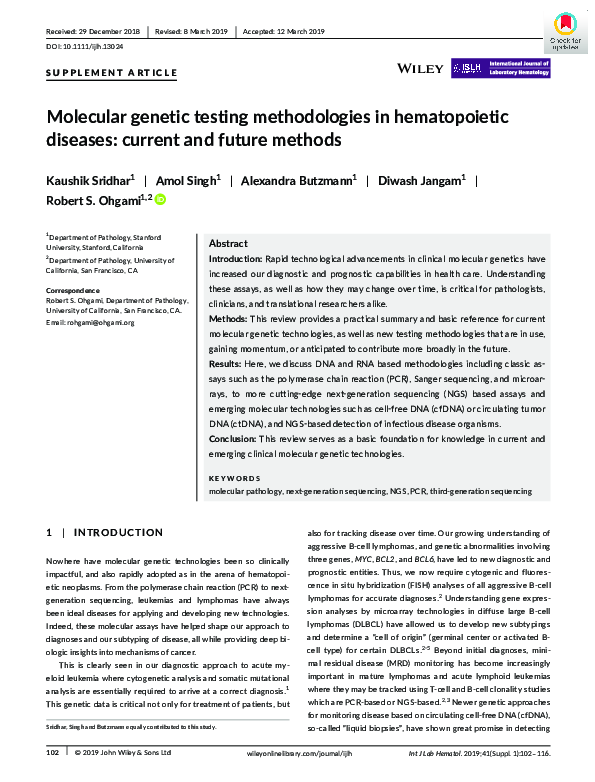 (PDF) Molecular genetic testing methodologies in hematopoietic diseases ...